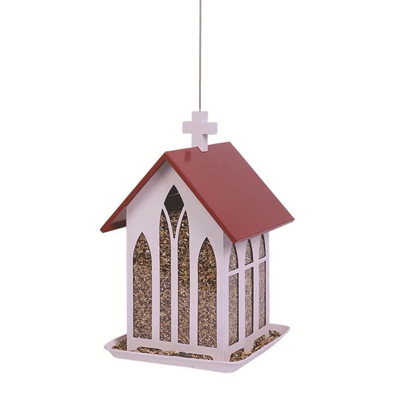 Outdoor Metal Charming Church-Shaped Hanging Bird Feeder with Cross Design Creative Seed Feeder for 